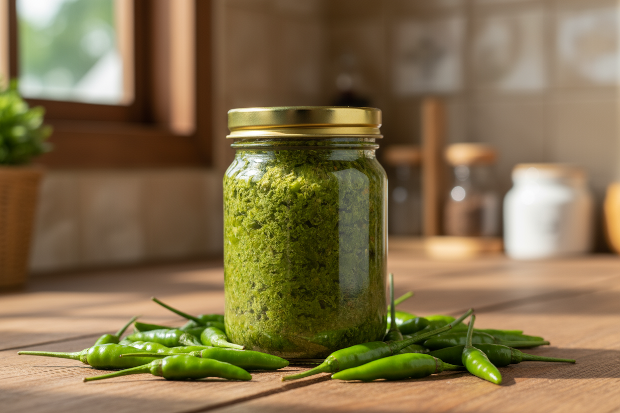 the green chili is whole and not sliced.